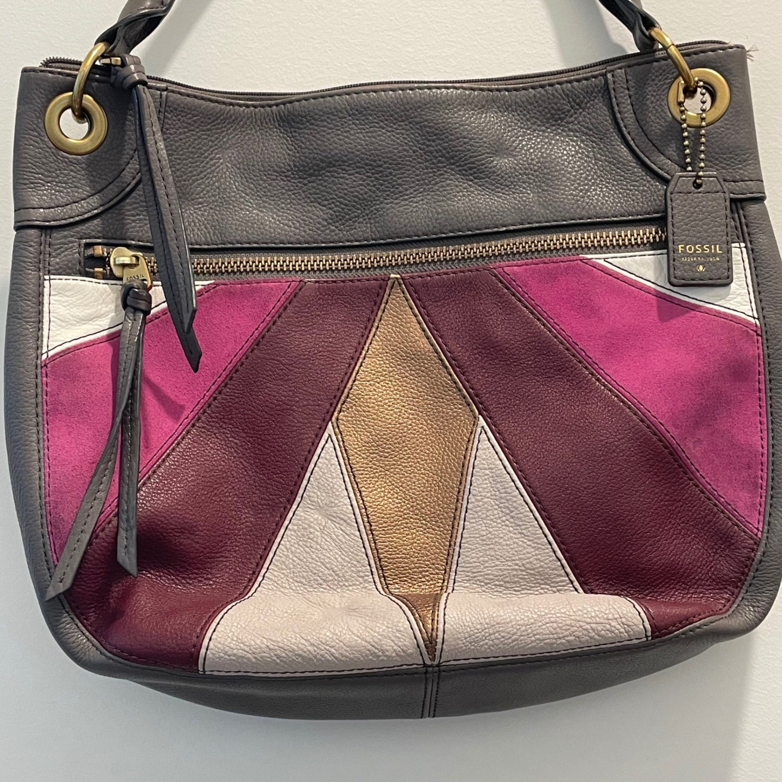 Fossil Gray Leather Geometric Patchwork Hobo Bag … - image 2