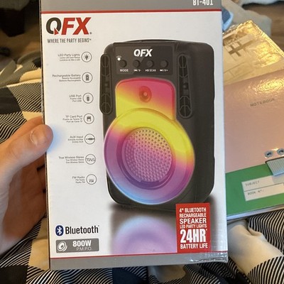 QFX BT-401 4in Portable Bluetooth Speaker LED Lights FM USB/AUX 24Hr Black