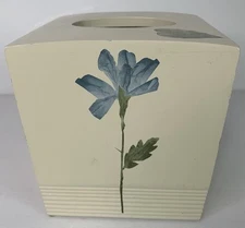 Vintage Croscill Bathroom Accessory Spa Leaf Tissue Box Cover Blue Floral Wooden