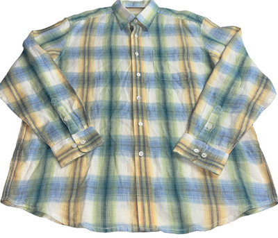 Indigo Palms Denim Company Men's XL  100%  Linen Shirt Front Casual Plaid B36