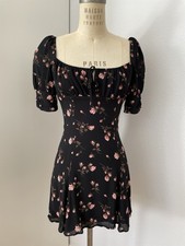 Reformation Eli Mini Dress Black Floral Size 4 Milkmaid Puff Sleeves