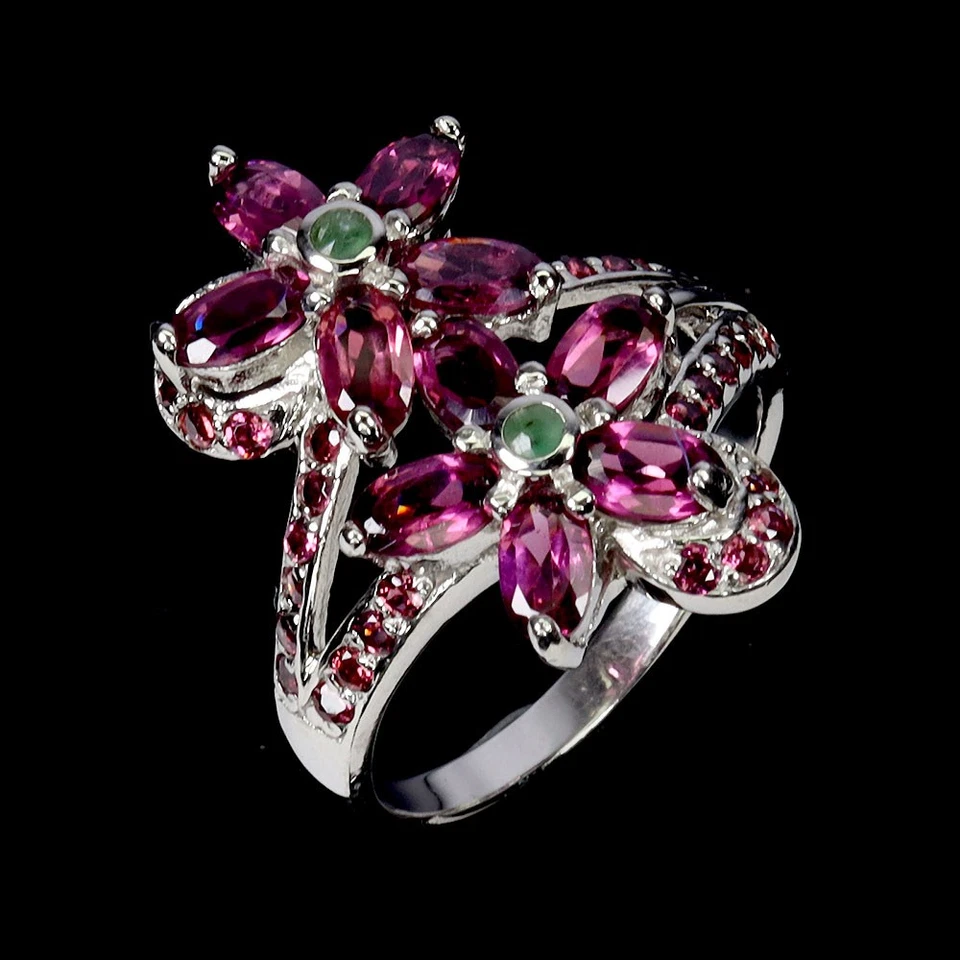 Anillo de plata de ley 925 ovalado rodolita esmeralda piedras preciosas naturales joyería talla 8. Foto 2 de 4