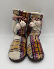 MUK LUKS Women  s XL 11-12 Plaid Bootie Slippers Cream Pink Yellow Pom Pom