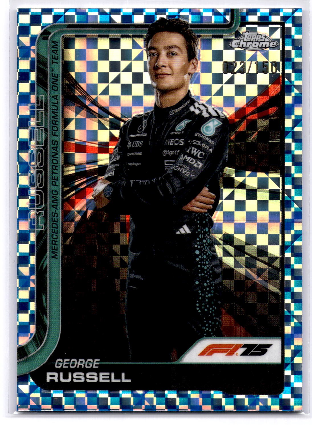 2025 Topps Chrome Formula 1 #7 George Russell Blue Checker Flag Refractor #/150
