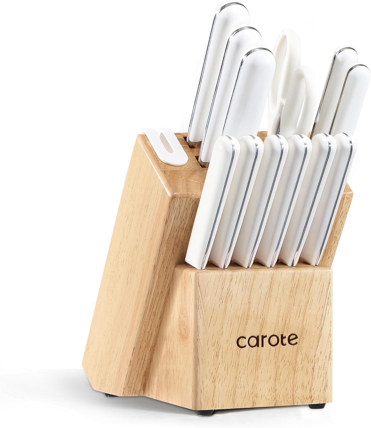 Upgrade your kitchen with the CAROTE 14PCS Knife Set featuring durable stainless steel blades and a sleek knife block for organized storage