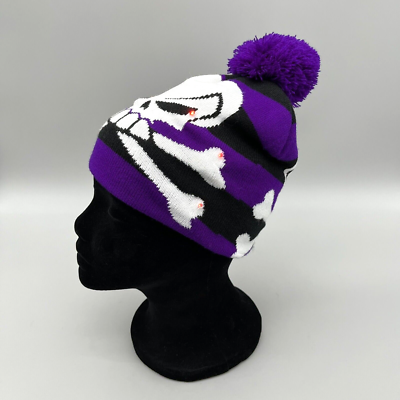 Skull & Crossbones LED Light Beanie Hat Purple Black Striped Pom