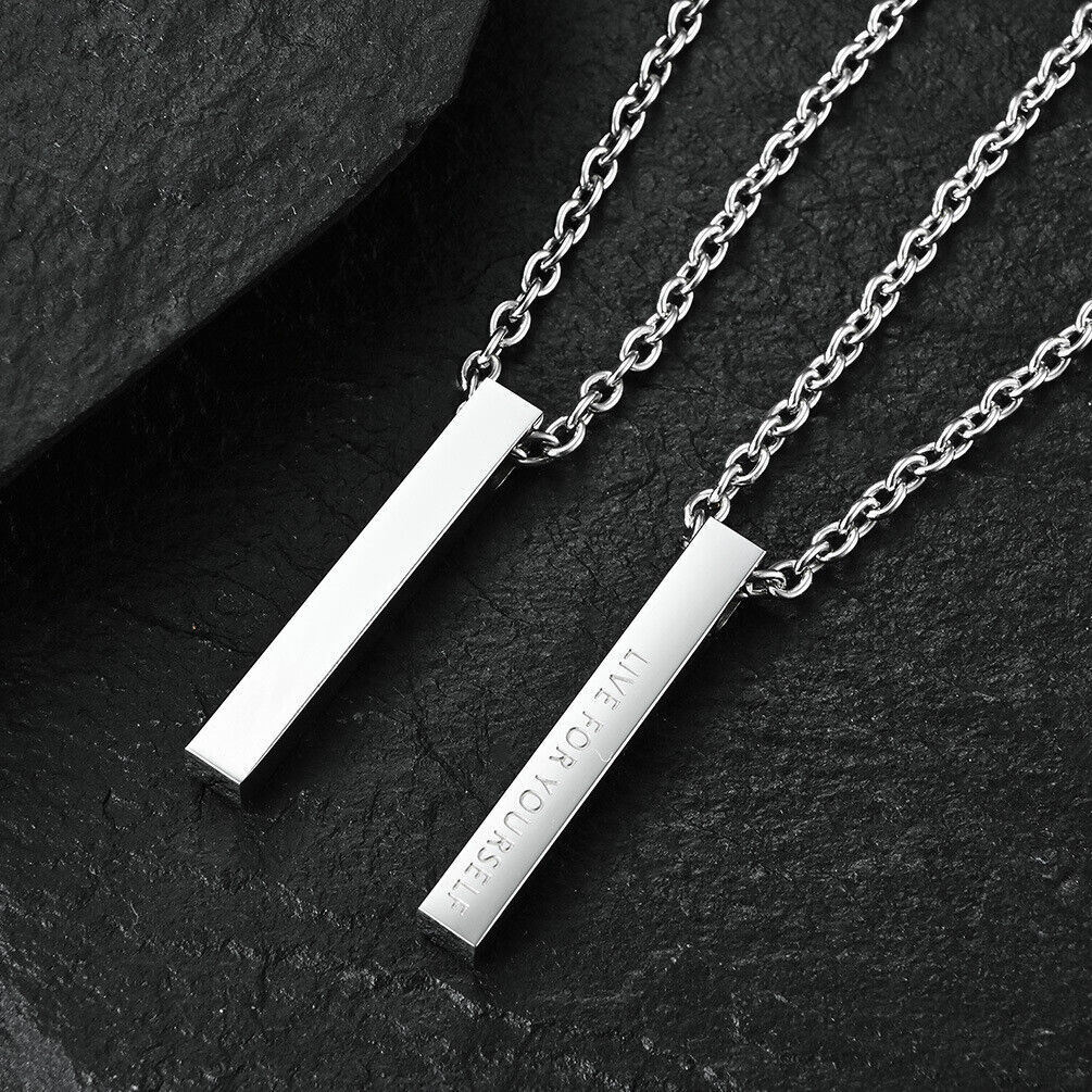 Men Women Silver Stainless Steel Bar Pendant Necklace Unisex Cube Curb Chain 22