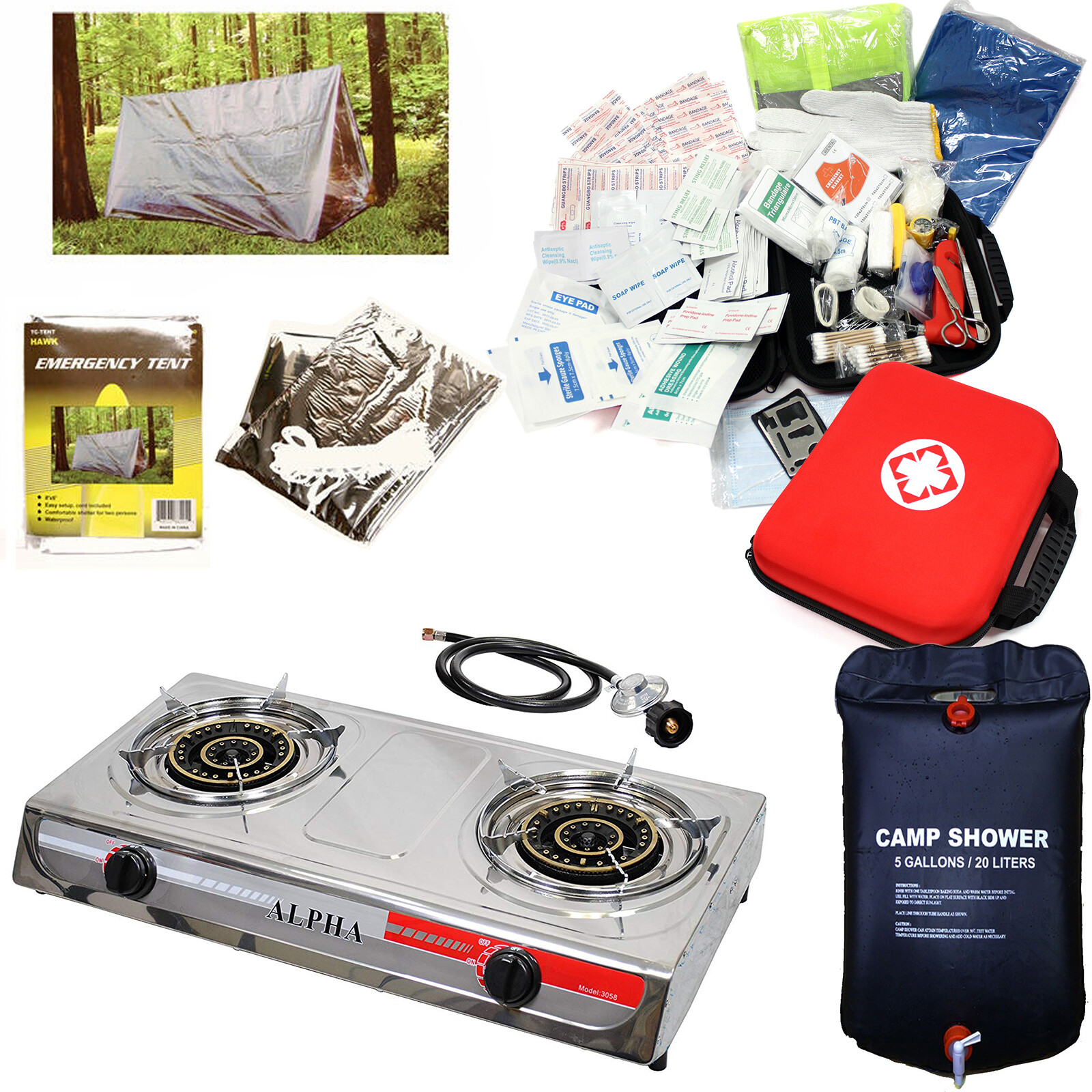 Emergency Survival Kit First Aid Bag Propane Stove Outdoor Solar Shower Bag Tent
