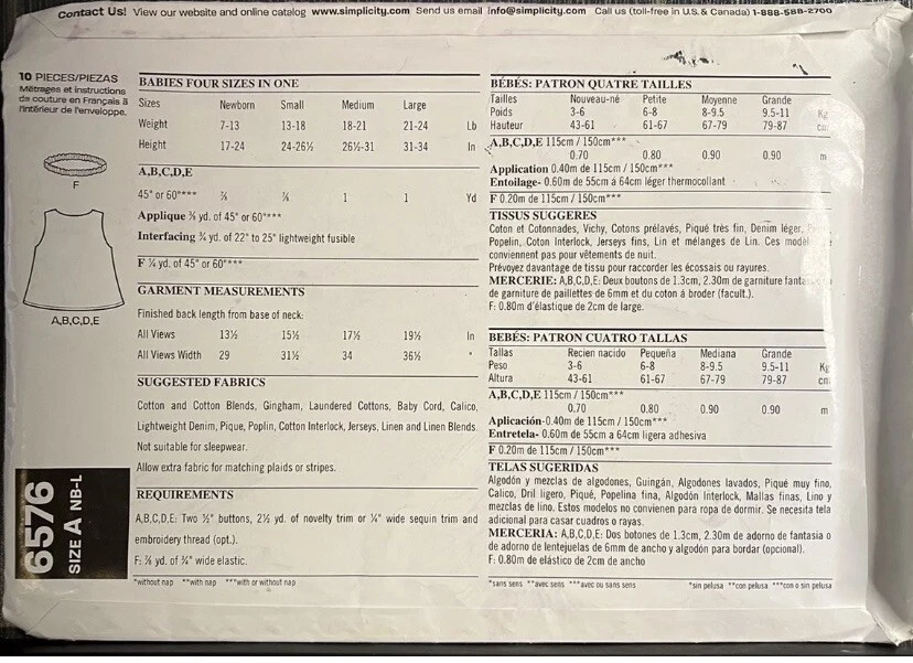 Simplicity New Look 6576 Sewing Pattern Newborn,Small,Med,Large Uncut - Image 2 of 2