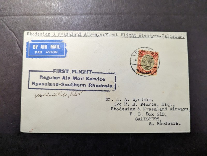 1934 Nyasaland Airmail First Flight Cover FFC Blantyre to Salisbury Rhodesia