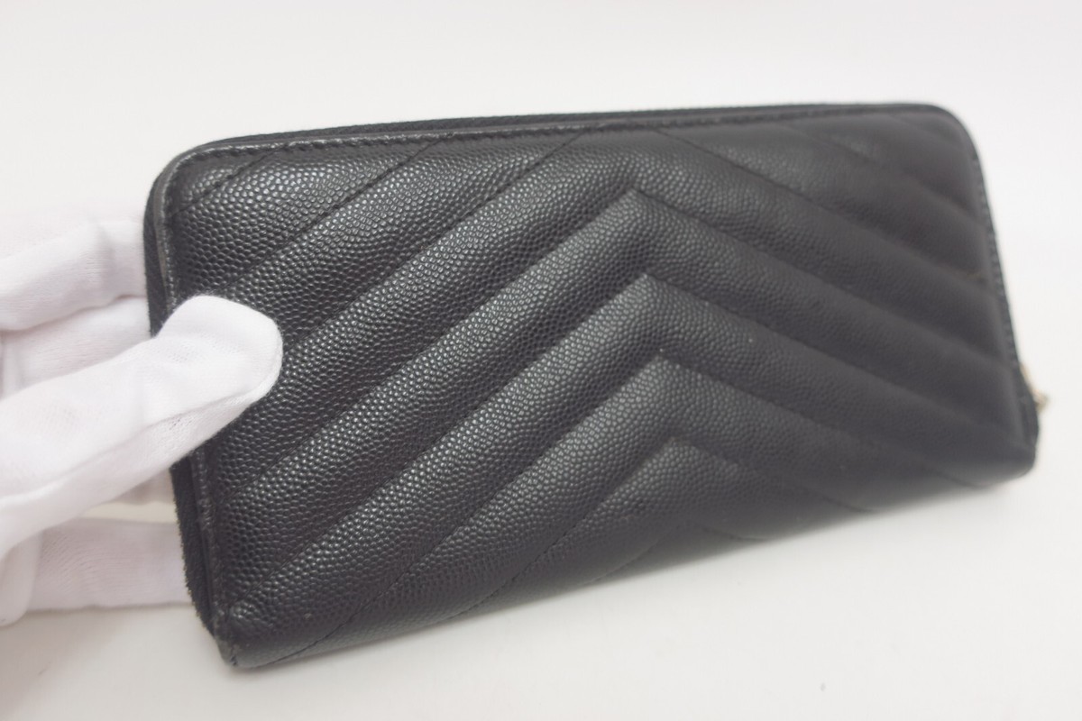 Authentic YSL Saint Laurent Leather V stitch Zip Around Long