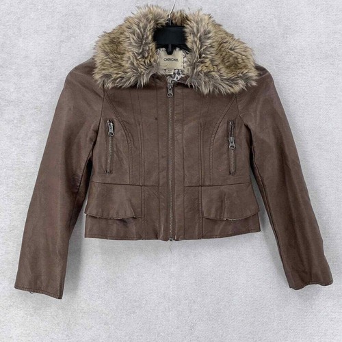 Girls Brown Cherokee Faux Leather Jacket With Faux Fur Trim Kids Small