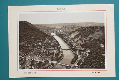 GERMANY Royal Spa Bad Ems on Rhine River - 1890s Litho Print