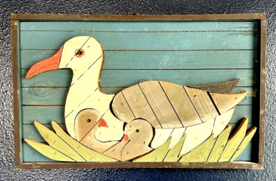 Vintage Wood Lath Folk Art 3D Wall Hanging Duck Birds