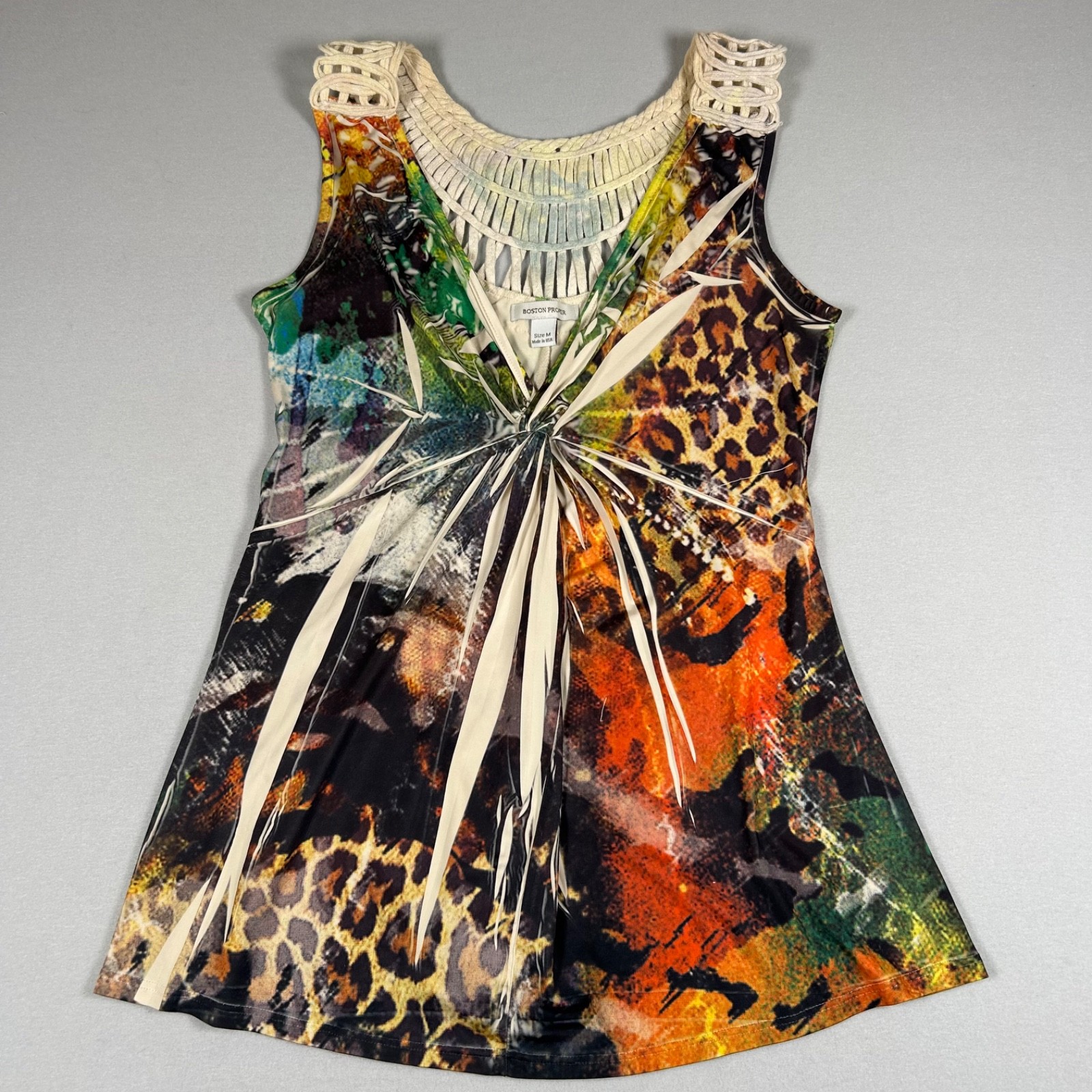 Boston Proper Tank Top Womens Medium Multicolor Animal Print Crochet Neck Stretc