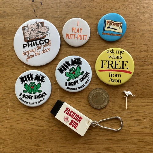 Pin Button Key Chain Misc Vintage Pinback Buttons, Coin, Keychain Lot Of 9 Vintage ...