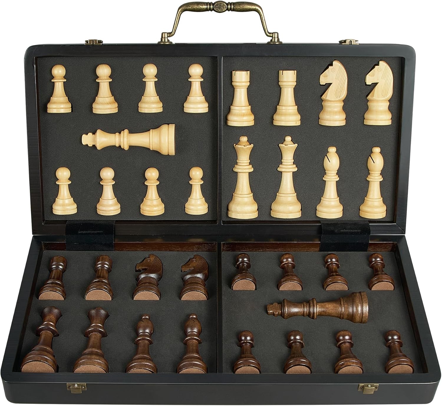 18.5in Folding Wooden Chess Set w/ Handle Large 4.5in King Extra Queens Storage