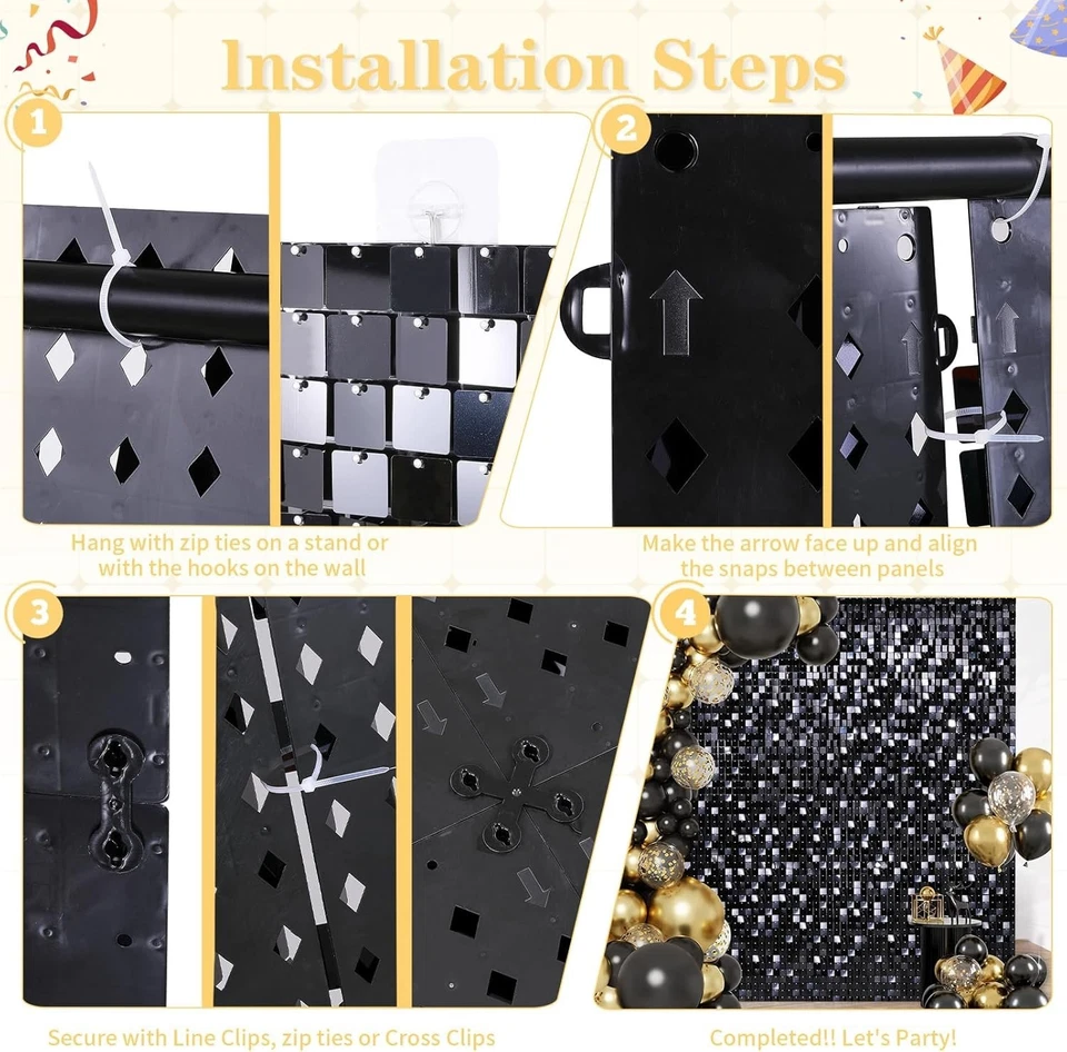 Black Shimmer Wall Party Backdrop 6ft x 4ft 24pc Square Sequin Shimmer Backdrop - Image 2 of 4