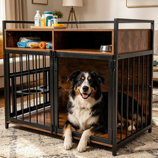 Large Dog Crate Furniture - 48" Vintage Brown Wooden Kennel for Big Dogs, Heavy