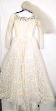 50's Lace  Pleated Tulle Long Sleeved Princess Prairie Wedding Dress Beads