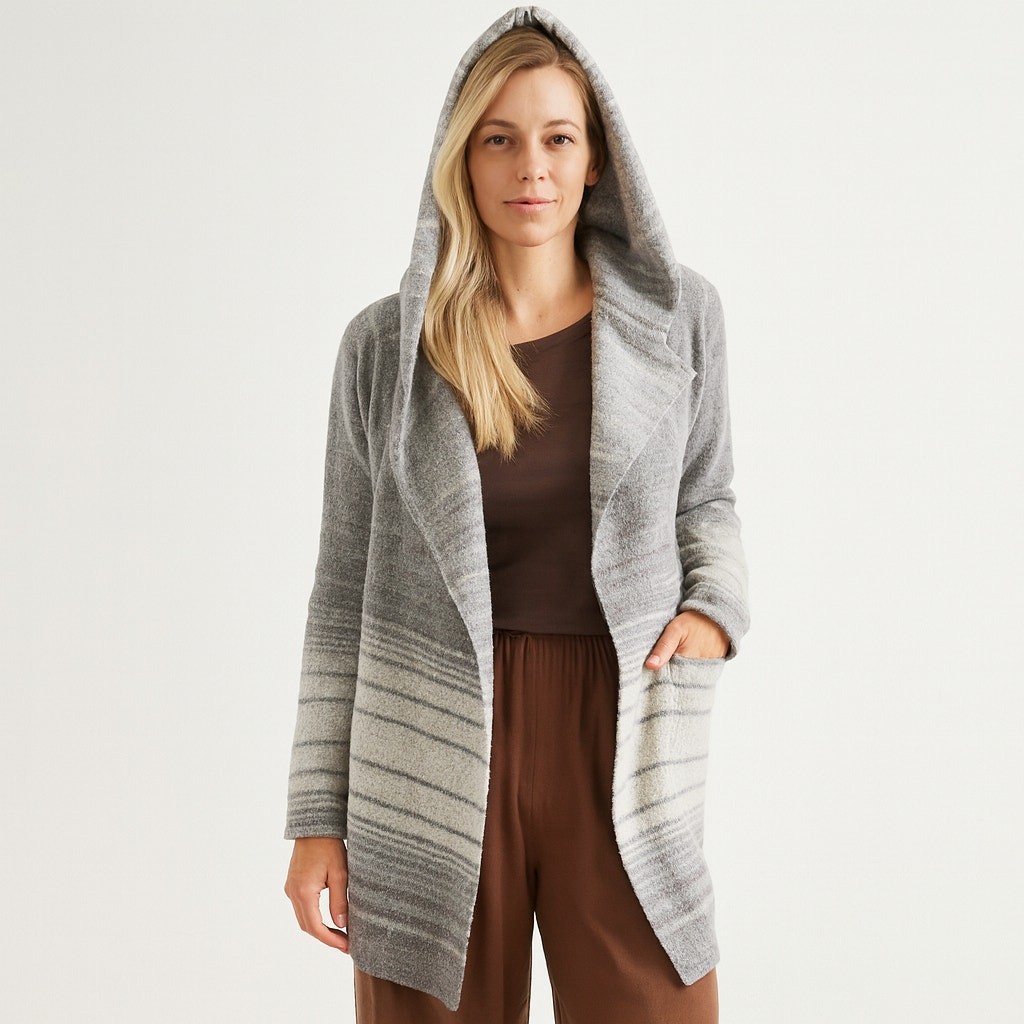 Vince tan two-toned wool Alpaca Yak striped Hooded Long Line Coatigan Sweater S