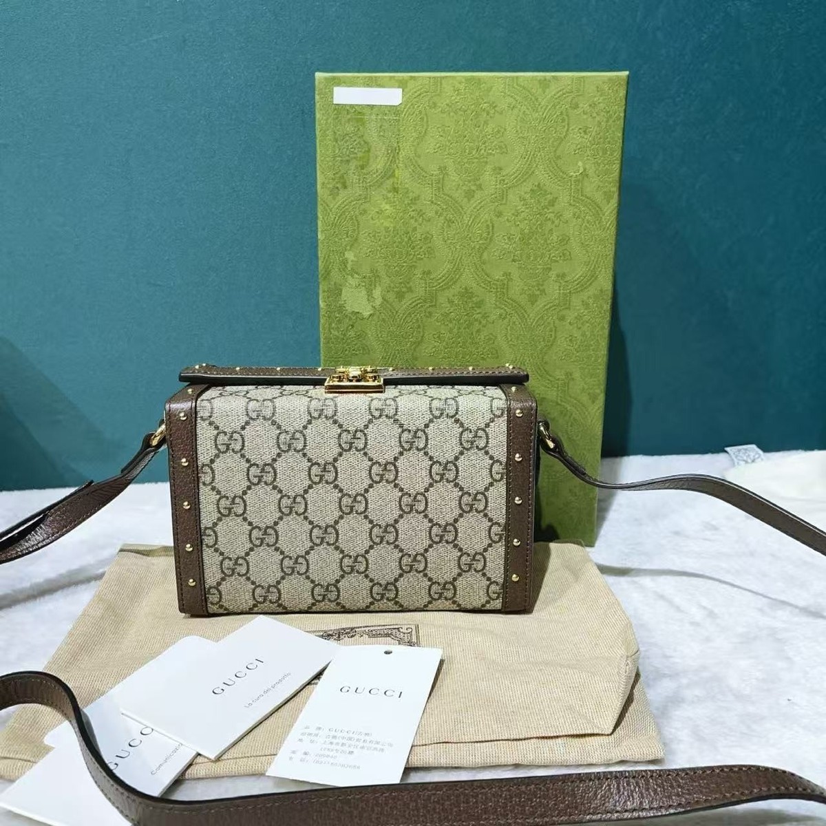 Gucci GG Supreme Monogram Brown Calfskin Hard Mini Trunk Crossbody