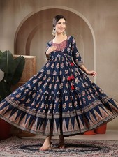 Indian Women BEAUTIFUL Cotton Blue Prnt Anarkali Designer Kurta Kurti Long Dress