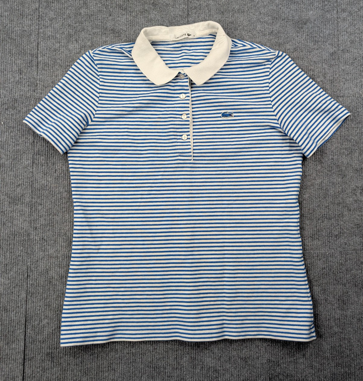 Lacoste Polo Shirt Womens EU40 Preppy Timeless Classic Golf Stripe Blue Minimal