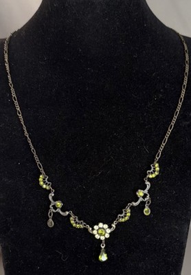 KENNY MA SAN FRANCISCO Green Stone Flower Y-Drop Necklace Bronze Metal 14-16Inch