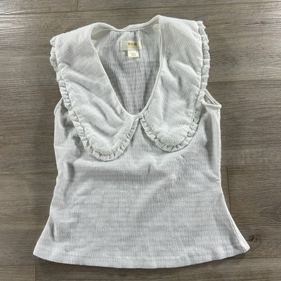 Maeve Small Peter Pan Collar Tank Top Textured White Check Fabric Frilled Collar