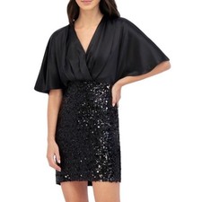 Eliza J Black Sequin Satin Flutter Sleeve V-Neck Cocktail Dress Size 8 NEW