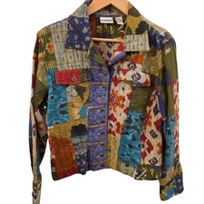 CHICO'S Sz 1/M Patchwork Ikat Jacket Boho Art to Wear Quilted Hippie Festival