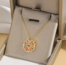 Magnetic Heart Necklace Crystal 4-Leaf Clover Pendant Romantic Gift for Her