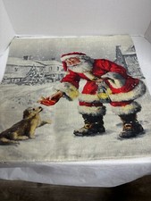 Christmas Santa w/Dog Pillow COVER 17"x17" Burlap New w/o Tags