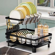2 Tier Dish Drainer Drying Rack with Cup Holder Cutlery Tray Kitchen Organizer