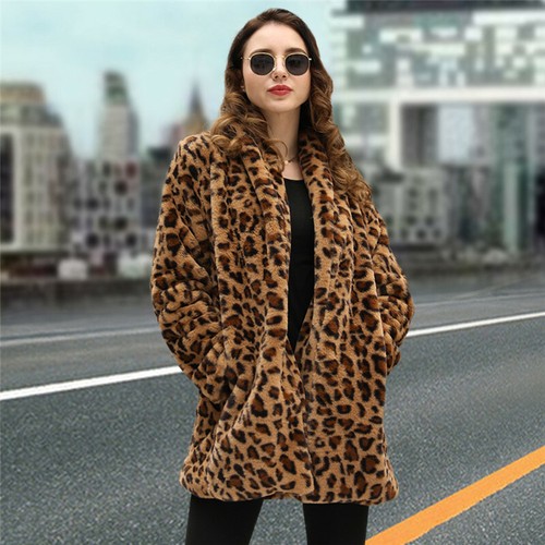 Damen Kunstpelz Leopardenmuster Jacke Mantel Winter Warm Outwear Strickjacke  E - Bild 1 von 13