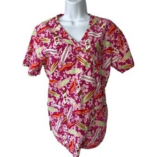 Los Angeles Rose Womens Scrub Top Size S Small Pink White Floral Cotton Pockets