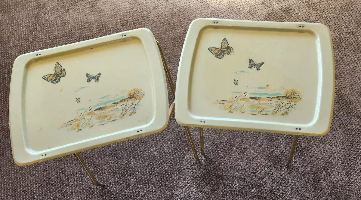 2 Vintage 1950 s Folding Fiberglass TV Dinner Snack Trays Deco Butterfly Motif