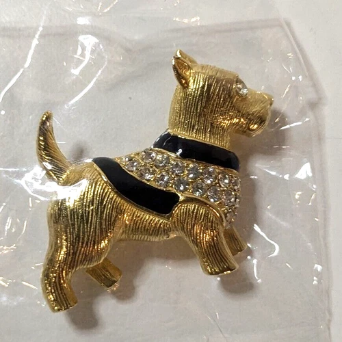 VTG Terrier Dog Brooch Lapel Pin, Rhinestone Accent, Gold Tone, Costume Jewelry