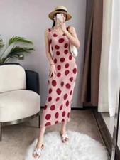 Brand New Elegant Round Neck Sleeveless Top Pleats Style Dress Polka Dot Pattern