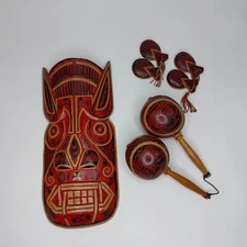 Vintage Set Tribal Folk Art from Mexico - Mask Maraca Castanet Set Wood Painted