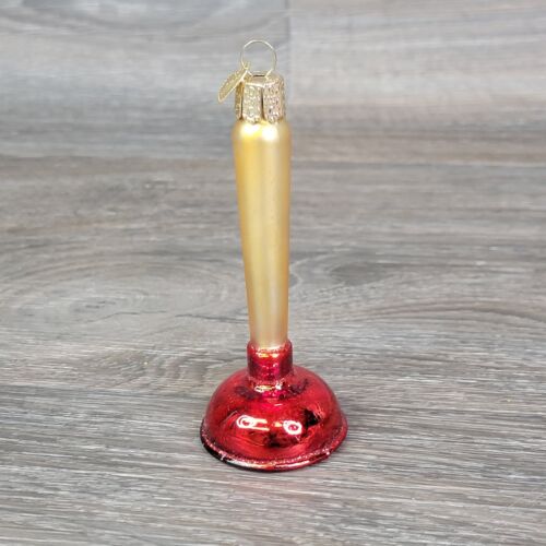 Old World Christmas Ornament OWC Toilet Plunger Red Gold Blown Glass Glitter - Afbeelding 1 van 7