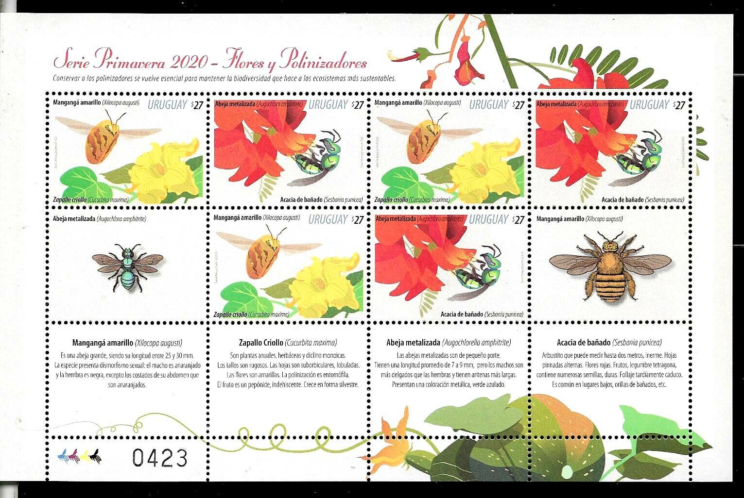 Year-end annual account URUGUAY Quality inspection 2020 SPRING 20 MINISHEET FLOWERS MNH INSECTS