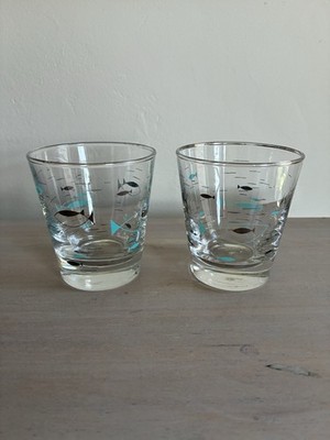 Set 2 Vintage Libbey Mediterranean Atomic Fish Flat Tumbler Whiskey Rocks