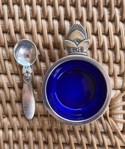 Georg Jensen Cactus Sterling Silver Blue Enamel Salt Cellar & Spoon