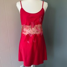 Vintage Victoria's Secret Gold Label Red Satin Lace Floral Slip Dress 1995 Med