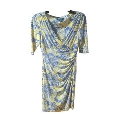 Lauren Ralph Lauren Yellow Blue Paisley Print Ruched Wrap Dress Size 2