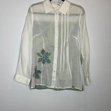 NWT iOS White Sheer Button-Down Shirt Blouse Floral Embroidery M