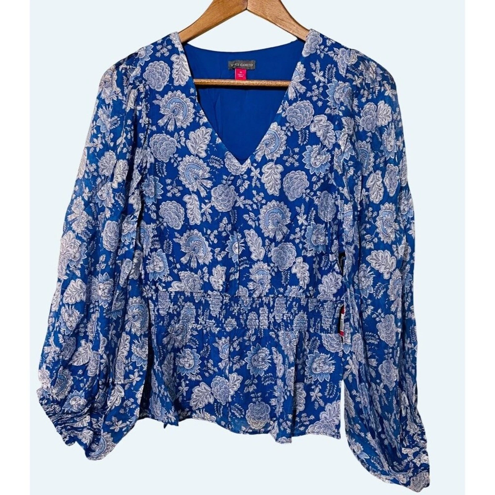 Vince Camuto Floral Peplum Blouse XS Blue White Sheer Sleeve NWT