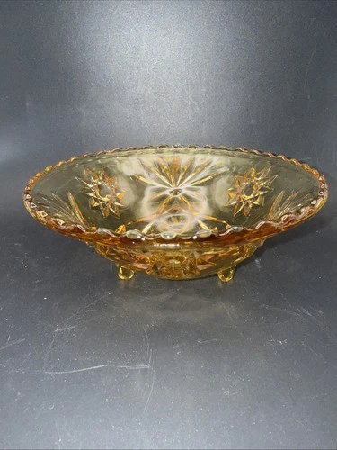 Vtg Anchor Hocking Honey Amber Glass 3-Footed Candy Dish Bowl Starburst 6.75”W